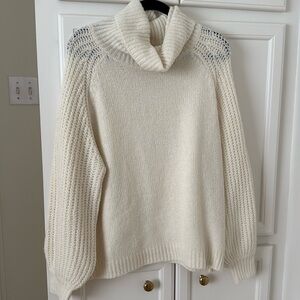 Red dress fable sweater with cowl neck and knit sleeves